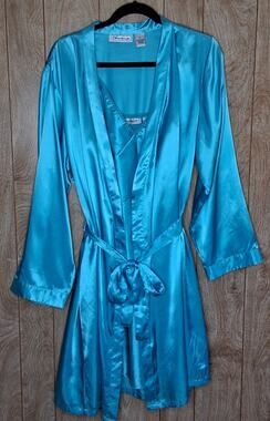 Chanteuse Intimates Chemise and Robe Set Teal Blue Adjustable Straps Size XL